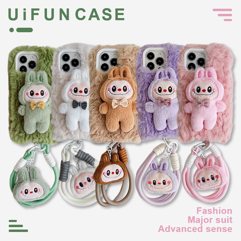 3d Macaron สี Labubu Monster จี้สายรัดข้อมือเคสโทรศัพท์สําหรับ iPhone 16 15 14 13 12 Pro Max 11 Plush ปกหลัง Drop ทนปลอก