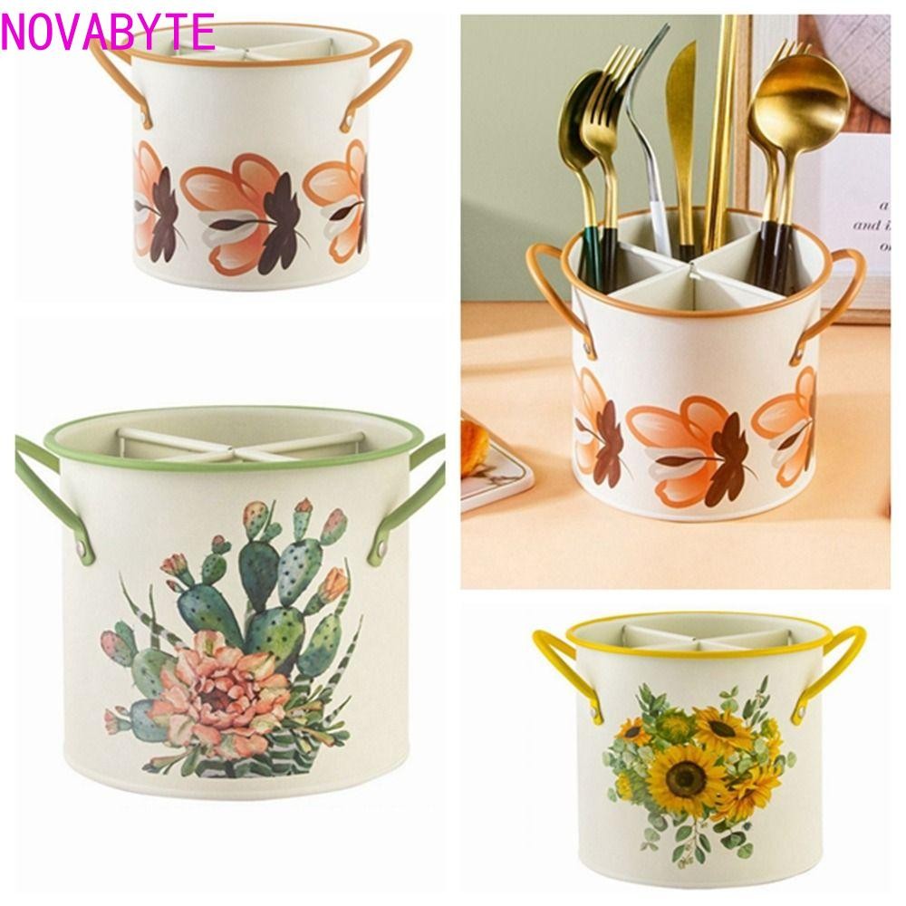 Novabyte ที่เก็บช้อนส้อม, เหล็ก 4 ช่อง Retro ตะเกียบ Holde, Rustic ความจุขนาดใหญ่อบแห้งแยกถังตะเกียบห้องน้ํา