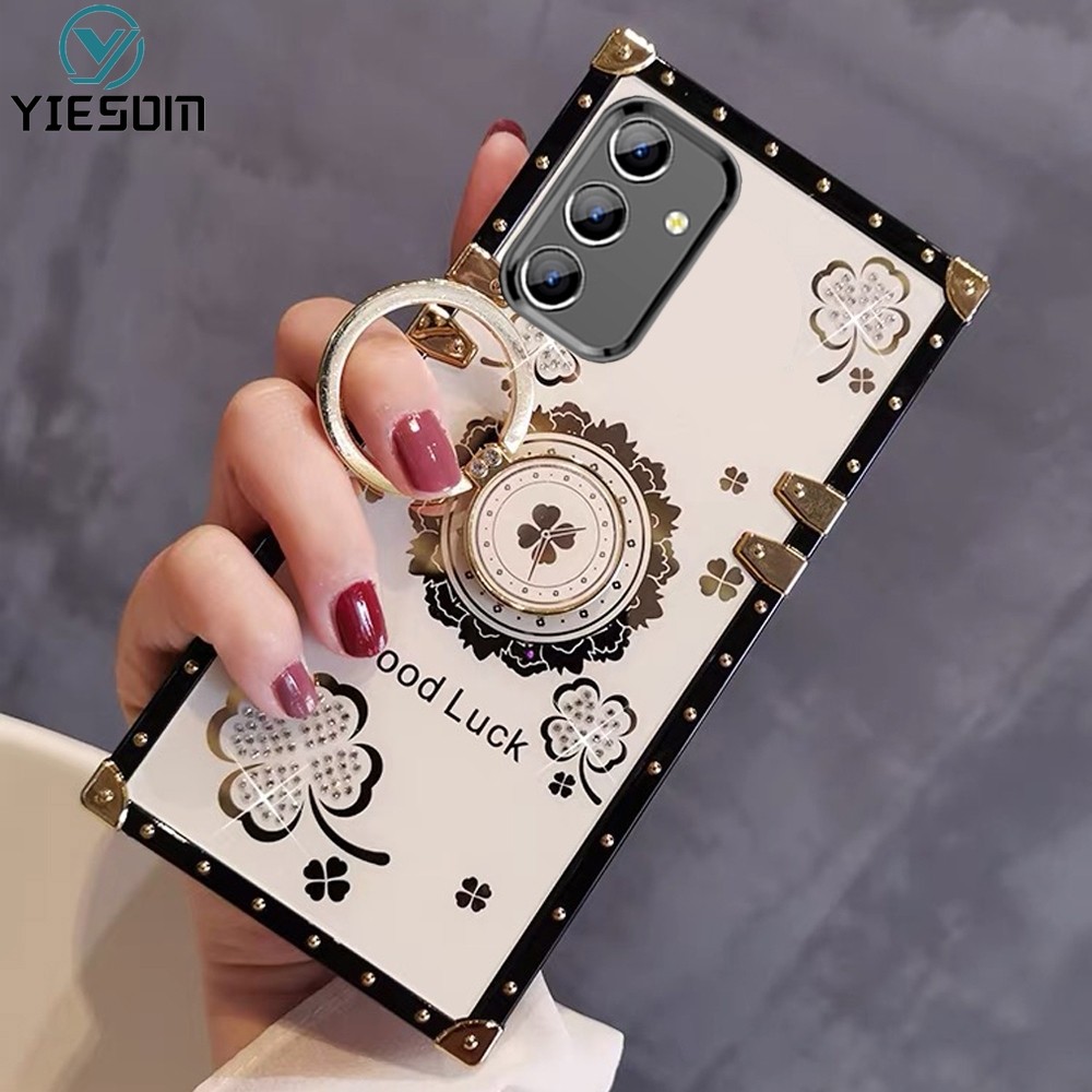 SAMSUNG Luxury Square Diamond Glitterเคสโทรศัพท์สําหรับSamsung Galaxy A16 A15 A25 A35 A55 5G A14 A24 4G A34 A54 5G A06 A05 A05Sดอกไม้แหวนขาตั้งกันกระแทกปกแข็ง
