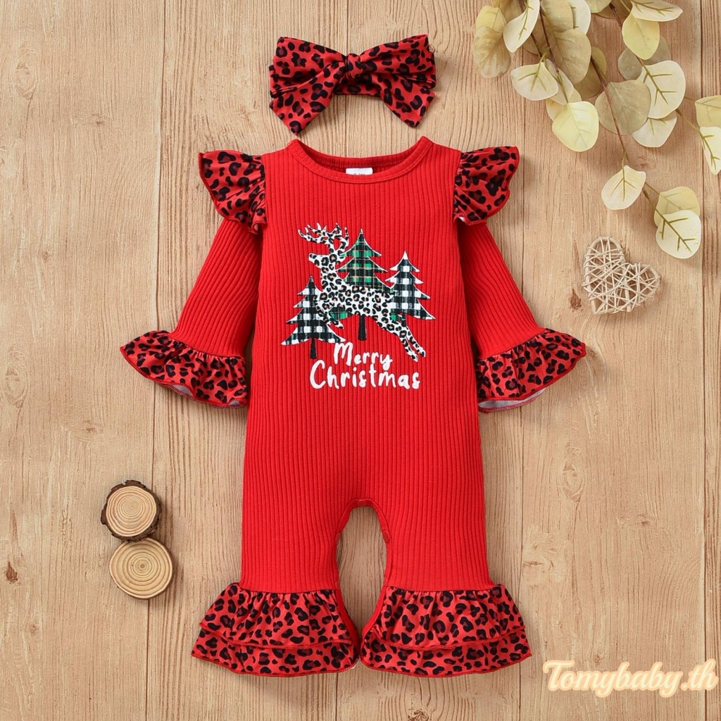 Tomybaby-เด็กทารกคริสต์มาสชุด Elk Tree รูปแบบตัวอักษรเสือดาวพิมพ์ Splicing แขนยาวรอบคอ Romper + Headwear