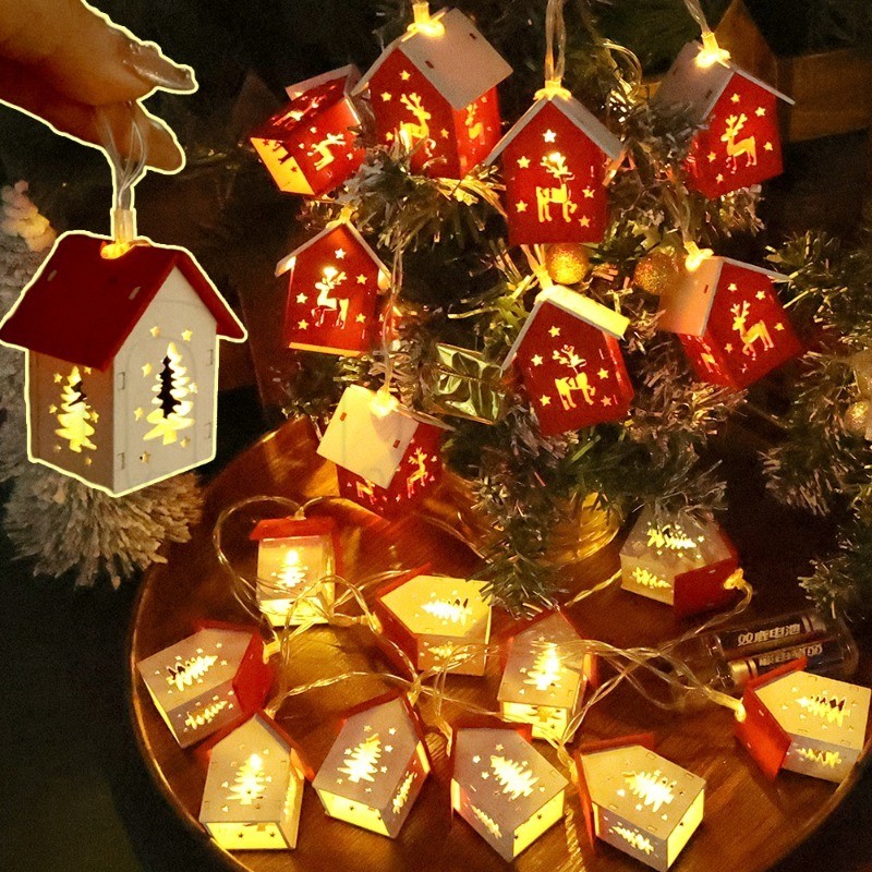 1.5m Christmas Wooden House Light Strings - Xmas โคมไฟตกแต่ง - เทศกาลตกแต่ง LED บรรยากาศโคมไฟ - แบตเตอรี่ขับเคลื่อนแขวนตกแต่ง - Theme Party Home Decor