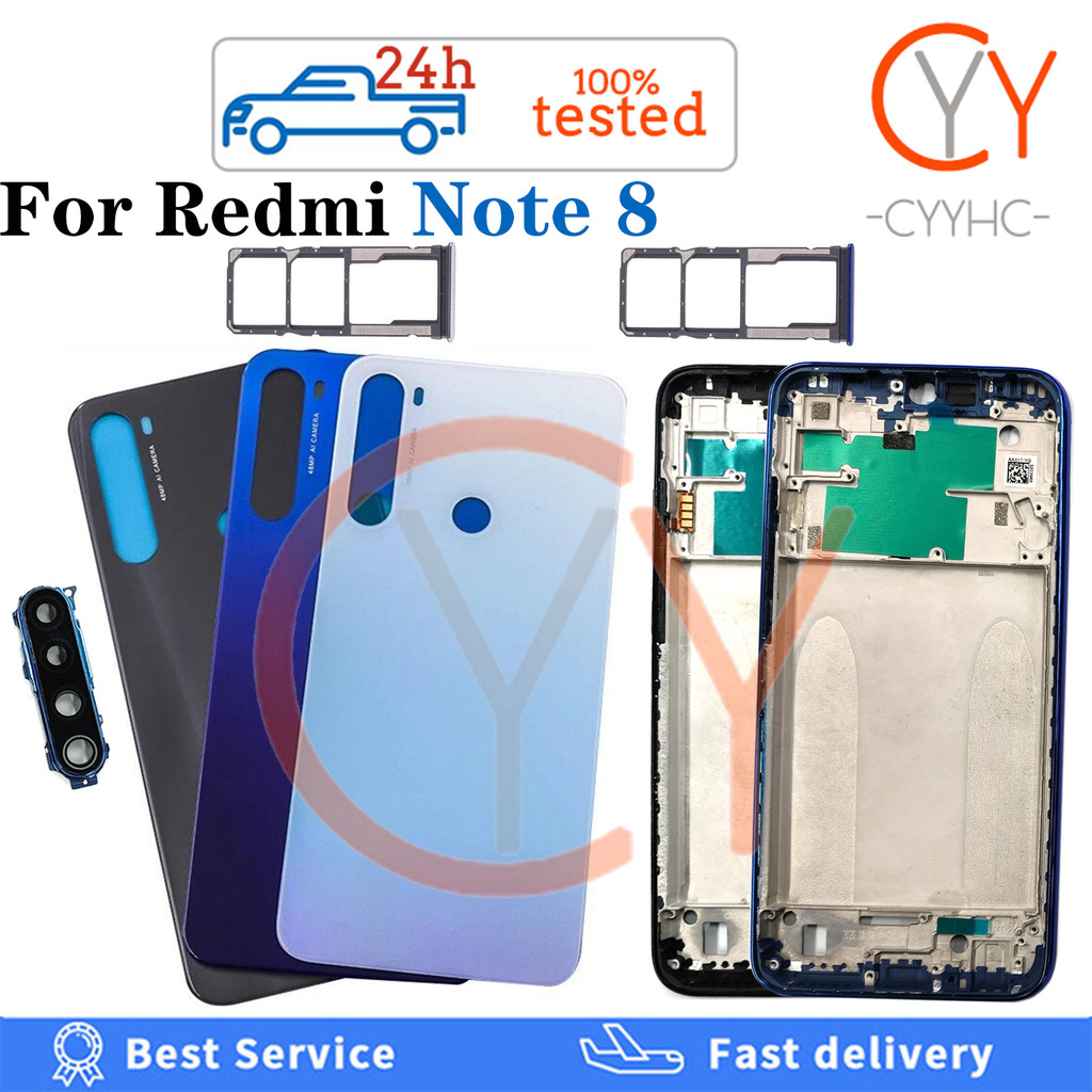 สําหรับ Redmi Note 8 ฝาหลังแบตเตอรี่ปุ่มปรับระดับเสียงปิดปุ่มเปิดปิดฝาครอบแบตเตอรี่ด้านหลังประตู + กรอบด้านหน้า LCD + ถาดซิมเปลี่ยนการ์ด