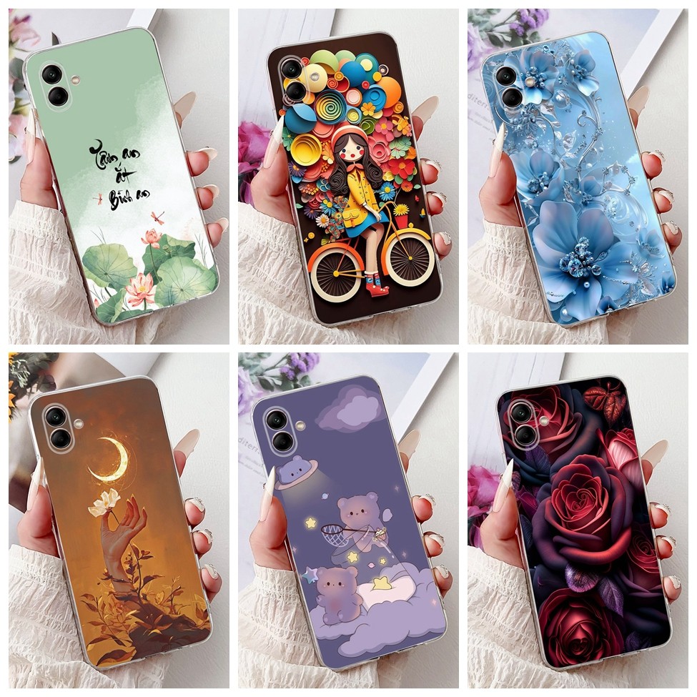 สําหรับ Samsung A04 กรณี SM-A045F Clear ความงามแมวน่ารักแฟชั่นดอกไม้ทาสีปกหลังสําหรับ Samsung Galaxy