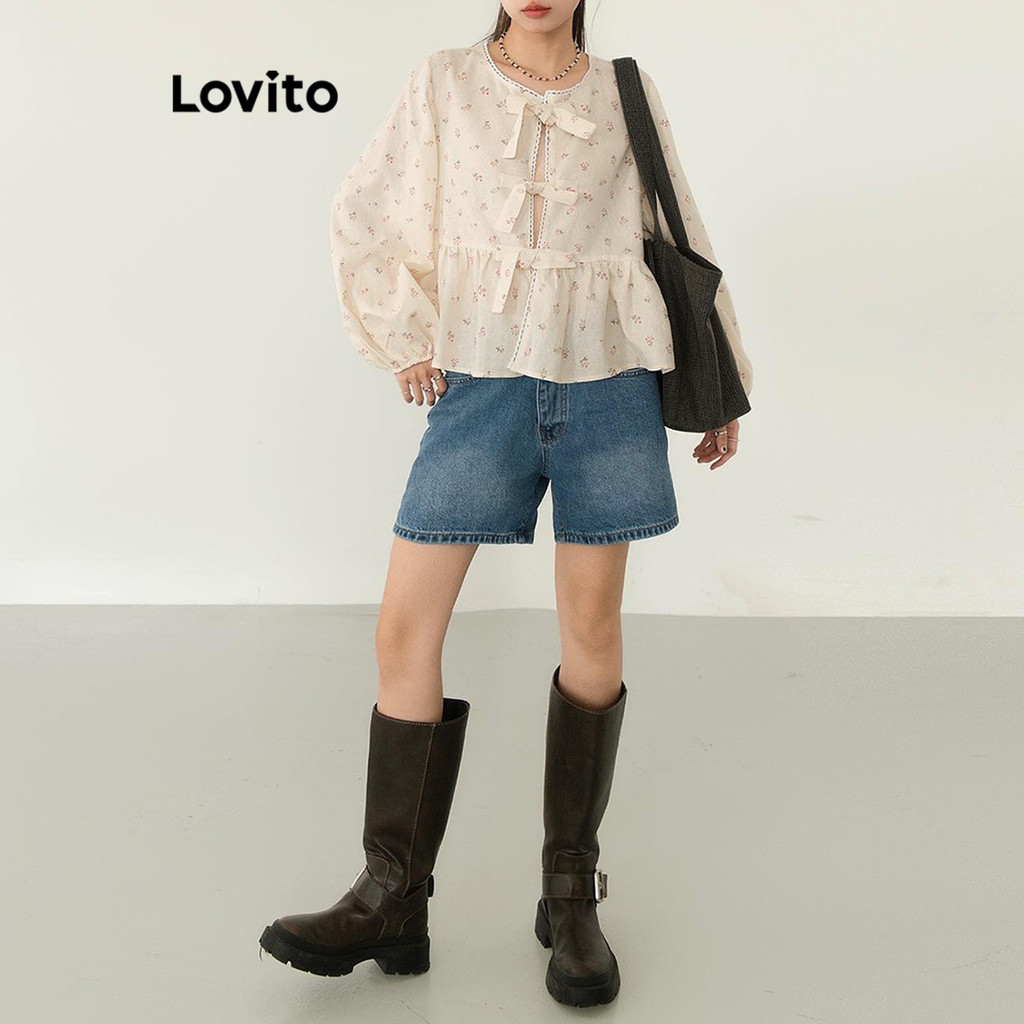 (Trendy) Lovito เสื้อน่ารัก ลายเดซี่เสื้อลูกไม้ด้านหน้าลายดอกไม้สําหรับผู้หญิง L106AD869