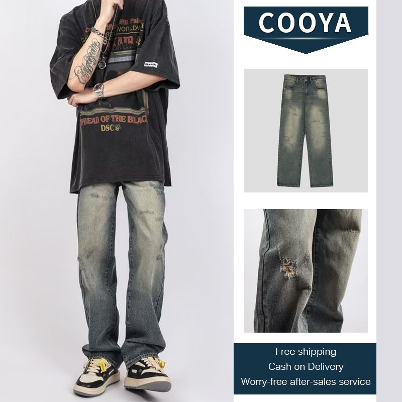 COOYA กางเกงยีนสำหรับผู้ชาย - สไตล์อเมริกันเรตโกล, สีฟ้าเรตโกล, ขาโต๊ะตรง, baggy jeans - สบายสวม, สไตล์แฟชั่น - ยีนส์ผู้ชาย-กางเกงยีนส์ทรงกระบอก-กางเกงยีนส์ผู้ชาย- พร้อมส่งฟรีภายในประเทศไทย