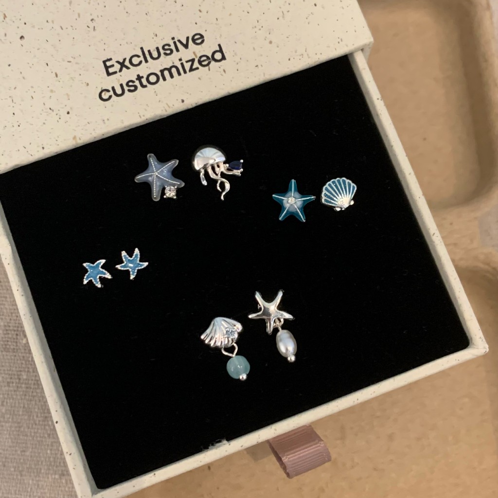 ต่างหูเปลือกหอยปลาดาวไม่สมมาตรเกาหลี สีเงิน สำหรับผู้หญิง เหมาะสำหรับวันหยุดและเป็นของขวัญ