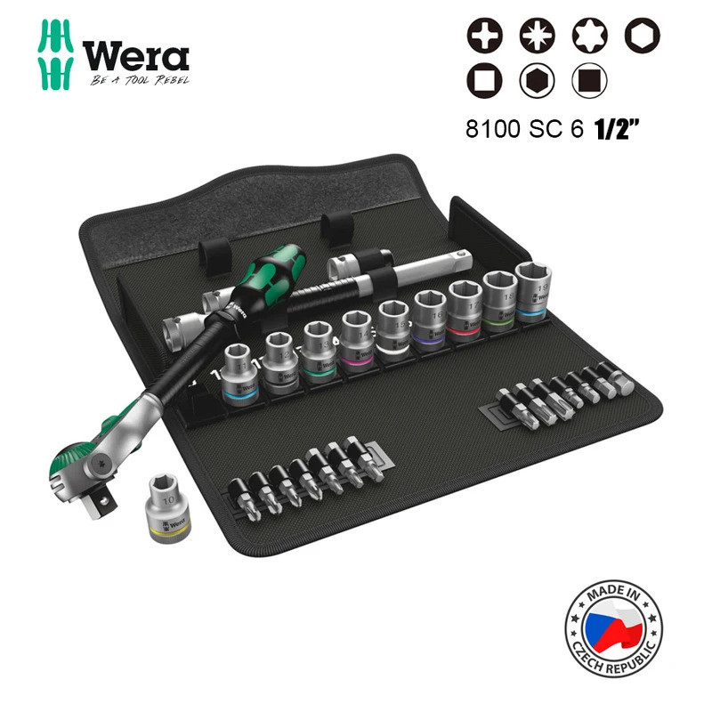 Wera 05004076001 8100 SC 6 28 ชิ้น Zyklop Speed Ratchet Socket ชุดประแจไดรฟ์ 1/2", ชุดสําหรับซ่อมรถย