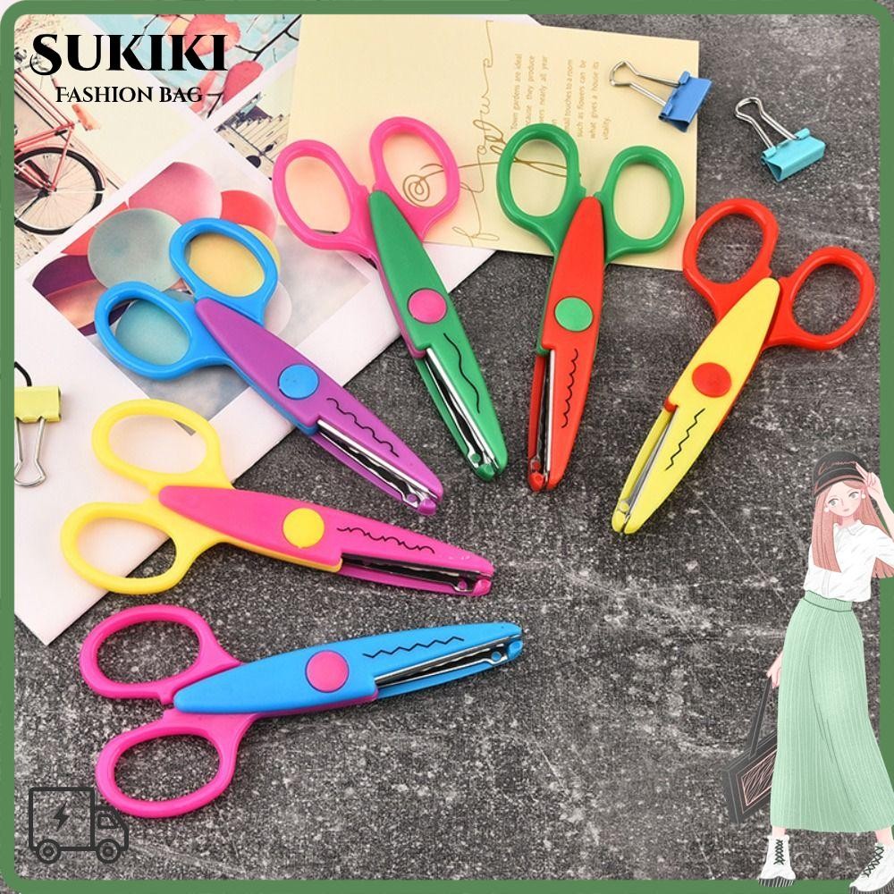 SUKIKI 1/6PCS กรรไกรความปลอดภัยศิลปะ, สบายมือรูปแบบหยักลูกไม้กรรไกร, Minimalistic ขนาดเล็กรอบหัวเครื่องเขียน DIY สี Art เครื่องมือนักเรียน