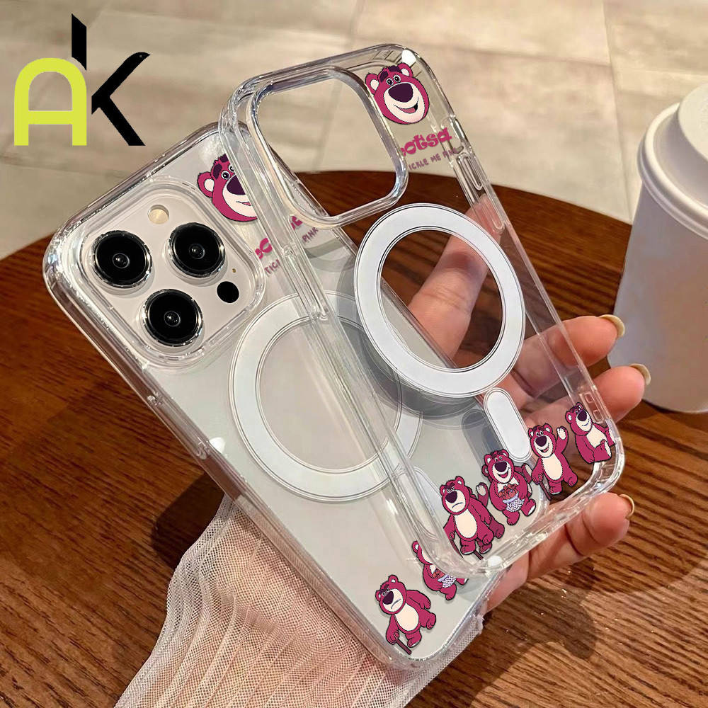 AK เคสชาร์จไร้สายสำหรับSamsung A56 A36 A16 A15 A35 A55 A54 A06 S25 Ultra TPU Wireless Charging Caseหมีสตรอเบอร์รี่