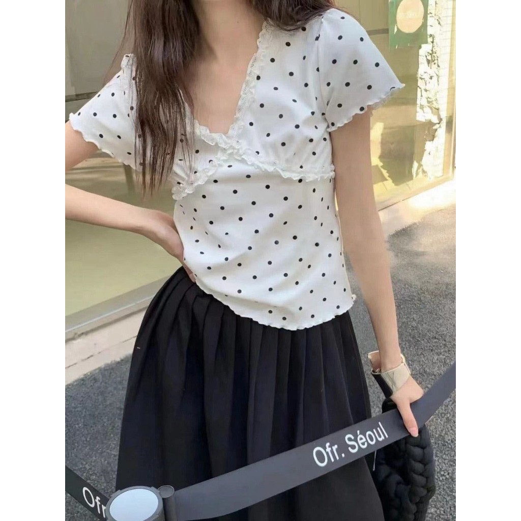 92 คนผ้าฝ้าย 8 Spandex 260g Polka Dot เสื้อยืดแขนสั้นฤดูร้อนสั้น Niche ลูกไม้เสื้อยืดแฟชั่น Classy T