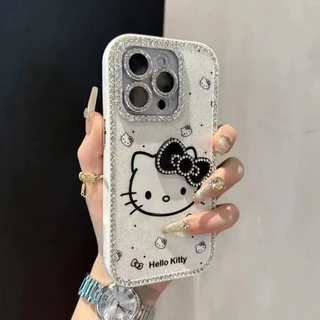 สองด้านฝังRhinestone 3Dโบว์การ์ตูนแมวสําหรับiPhone 13 14 15 16 Pro Max Anti fall hard CoverสําหรับiPhone15Promaxกรณีปลอก