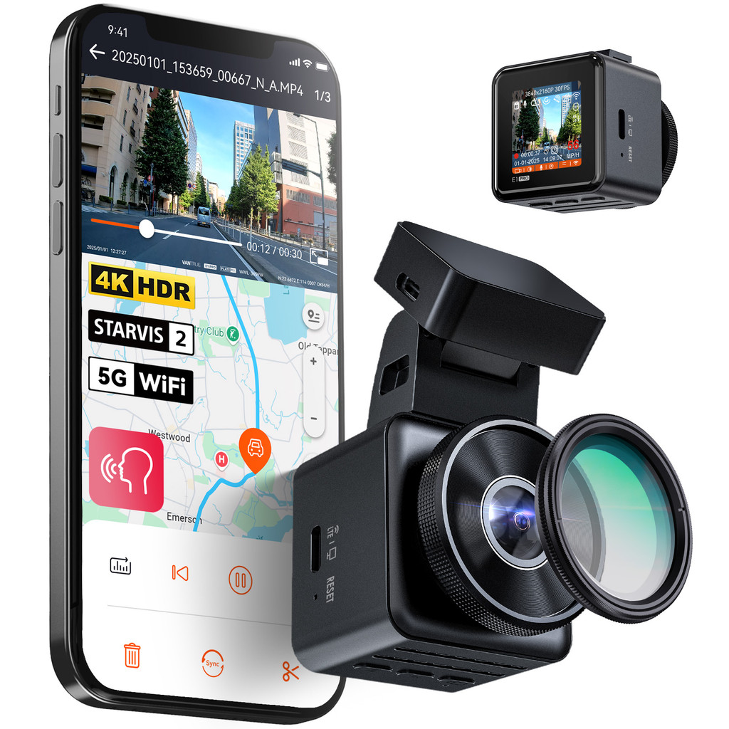 Vantrue E1 Pro 4K Mini DashCam ด้านหน้า STARVIS 2 PlatePix™ HDR Night Vision ในตัว 5G WiFi GPS รถ Da
