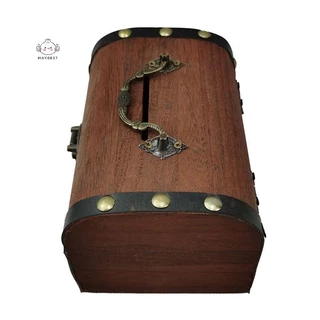 {maybest} 1 ชุด Vintage Treasure กล่องเก็บไม้หีบสมบัติพร้อมล็อค Piggy Bank Organizer กล่องประหยัดสําหรับตกแต่งบ้าน {TH}