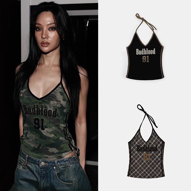 พร้อมส่ง Badblood เสื้อกั๊กห้อยคอ คอวี พิมพ์โลโก้+เลข91 ทรงสั้นโชว์เอว สไตล์กีฬาย้อนยุค สีหลายลาย ผู้หญิง