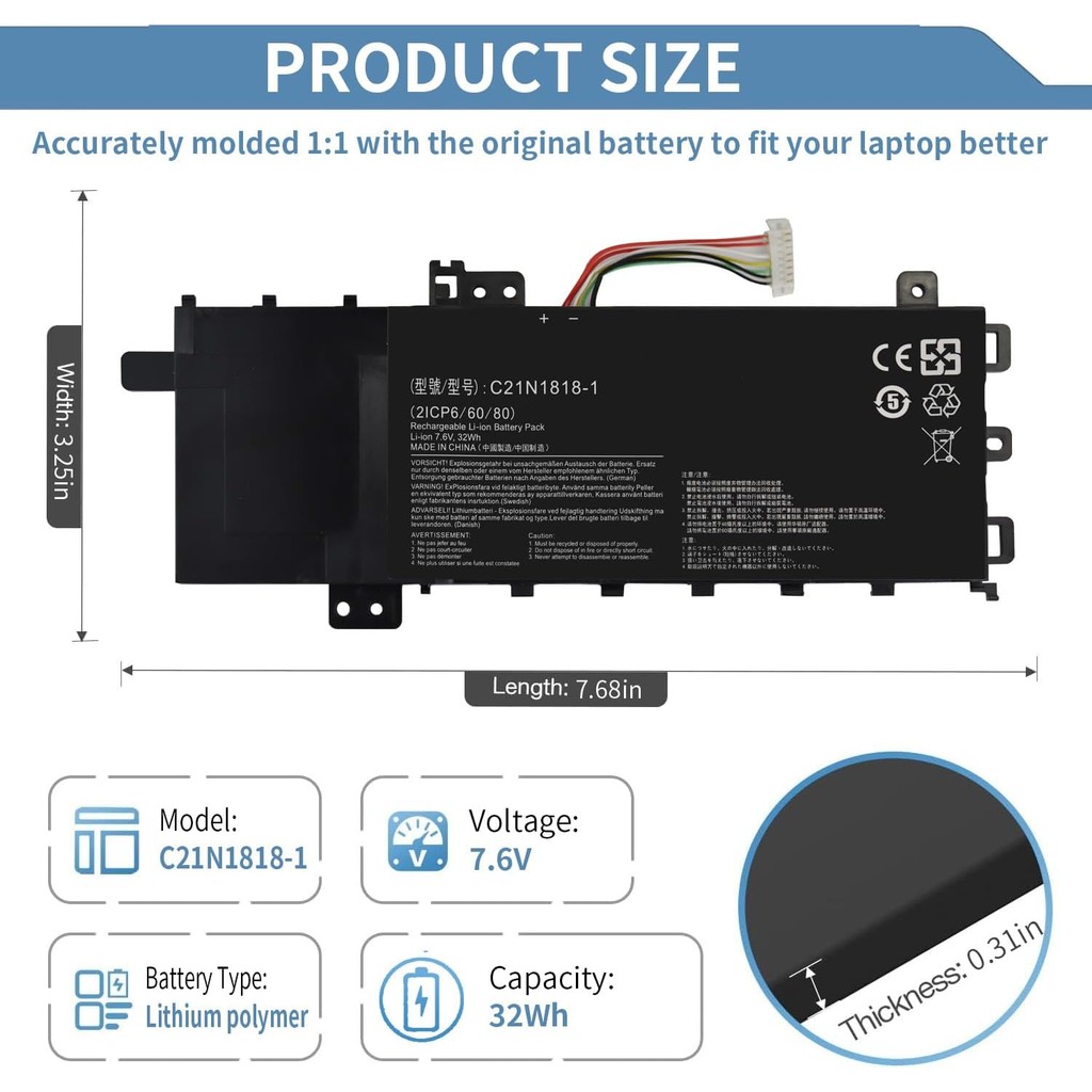 32Wh 7.6V C21N1818-1 แบตเตอรี่แล็ปท็อปสําหรับ ASUS VivoBook 15 F512FA F512DA F512JA X512DA X512JA F5