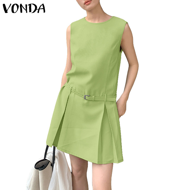 VONDA ผู้หญิงเกาหลี Office Ladylike รอบคอแขนกุดเข็มขัด Pleats Shift Dress (ไม่มีเข็มขัด)
