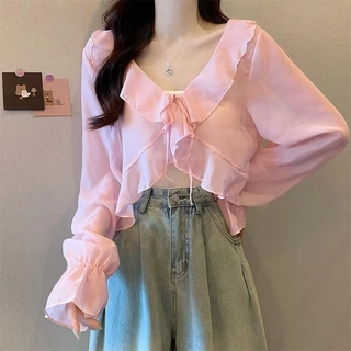เสื้อคลุมแขนยาวงานชีฟองบาง ดีเทลเชือกผูกโบว์ด้านหน้า แนวสาวเกาหลี ชายแต่งระบาย ผ้าดีใส่สบาย น่ารักมาก