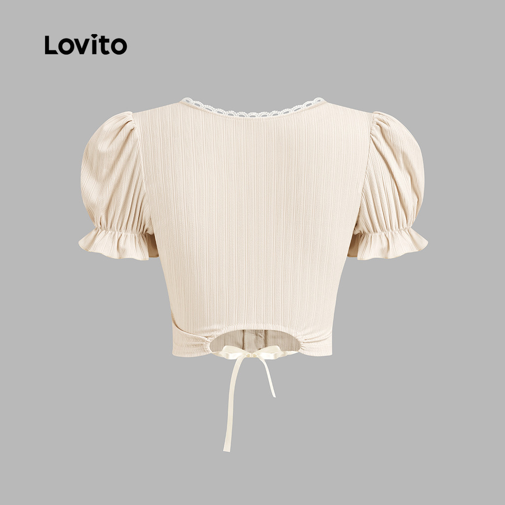 (Trendy) Lovito เสื้อยืดลําลองเสื้อยืดคอระบายธรรมดาสําหรับผู้หญิง LNA40070