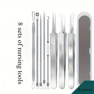 8ชิ้นสแตนเลสสิวดูดและเข็ม-เครื่องมือดูแลผิวมืออาชีพสําหรับสิวหัวดํา | ทนทาน ไฮจีนิค ทุกสภาพผิว ชุดเครื่องมือความงาม