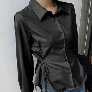 เสื้อเชิ้ตลำลองสตรี สไตล์นักธุรกิจ แขนยาว คอกลม มีสายผูกที่เอว ใส่ง่ายสำหรับทุกโอกาส