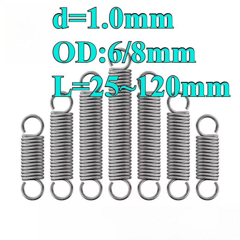 304 สแตนเลส สปริงแรงดึง/สปริง d=1.0mm,OD6/8mm,L=25~120mm สปริงดึงพร้อมตะขอ ทาประตูโรงรถ ขัดเงา เครื่