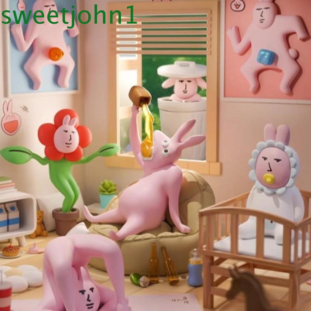 SWEETJOHN My Friend Rabbit Action Figure, Collection การ์ตูนตุ๊กตากระต่ายสีชมพู, รูปปั้นน่ารักตลกน่า