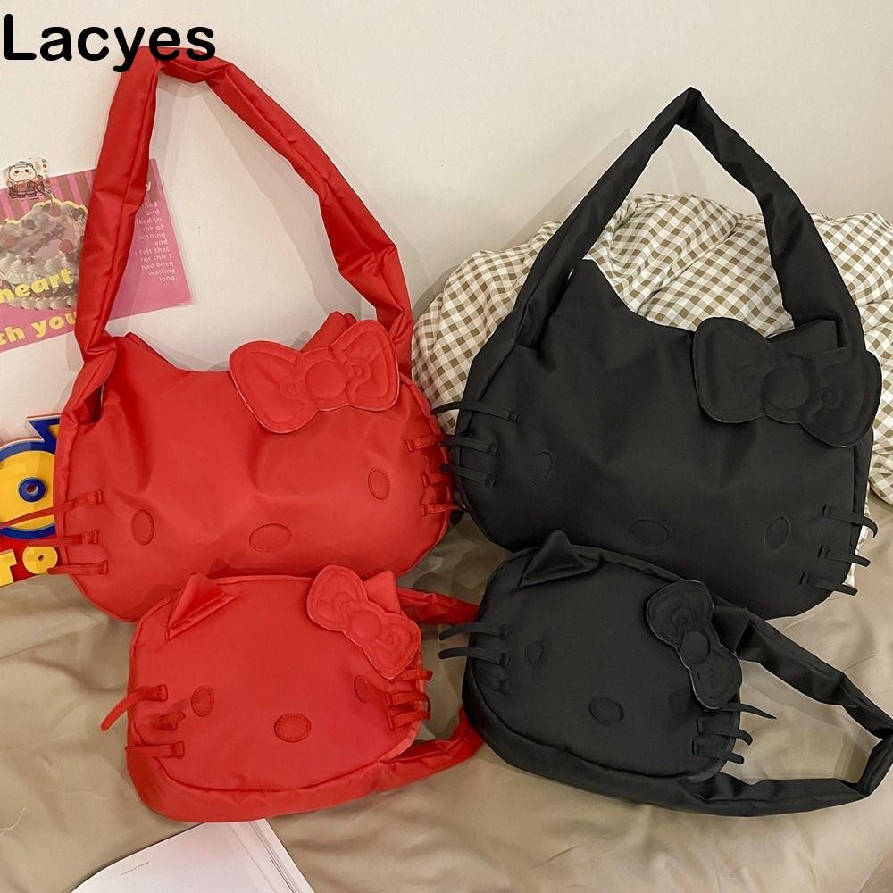 LAYES กระเป๋าสะพายคิตตี้, เย็บปักถักร้อยไนลอนน้ําหนักเบา Tote Bag, ไหล่เดี่ยวหวานสไตล์เกาหลี Kitty Cat กระเป๋าถือการ์ตูนระยะทางสั้น