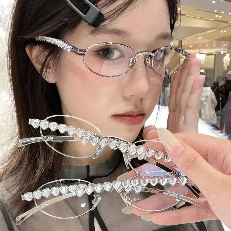 Heart Diamonds -25°~-425° กรอบแว่นตาด้านข้าง - ผู้หญิง Punk Retro Silver Oval แว่นตา - Y2K Rhinestone กรอบแว่นตารูปไข่ 1044