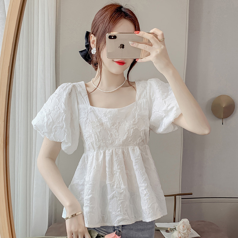 เสื้อทารกสีขาวยอดนิยม คอเหลี่ยมแขนพัฟ สไตล์ฝรั่งเศส สำหรับฤดูร้อน