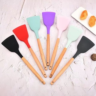 SKYBUNNY - Sodet Gagang Perlengkapan Dapur Spatula Gagang Kayu Sutil Tahan Panas Alat Masak Tumis Goreng Silicone Utensi Turner Warna Warni