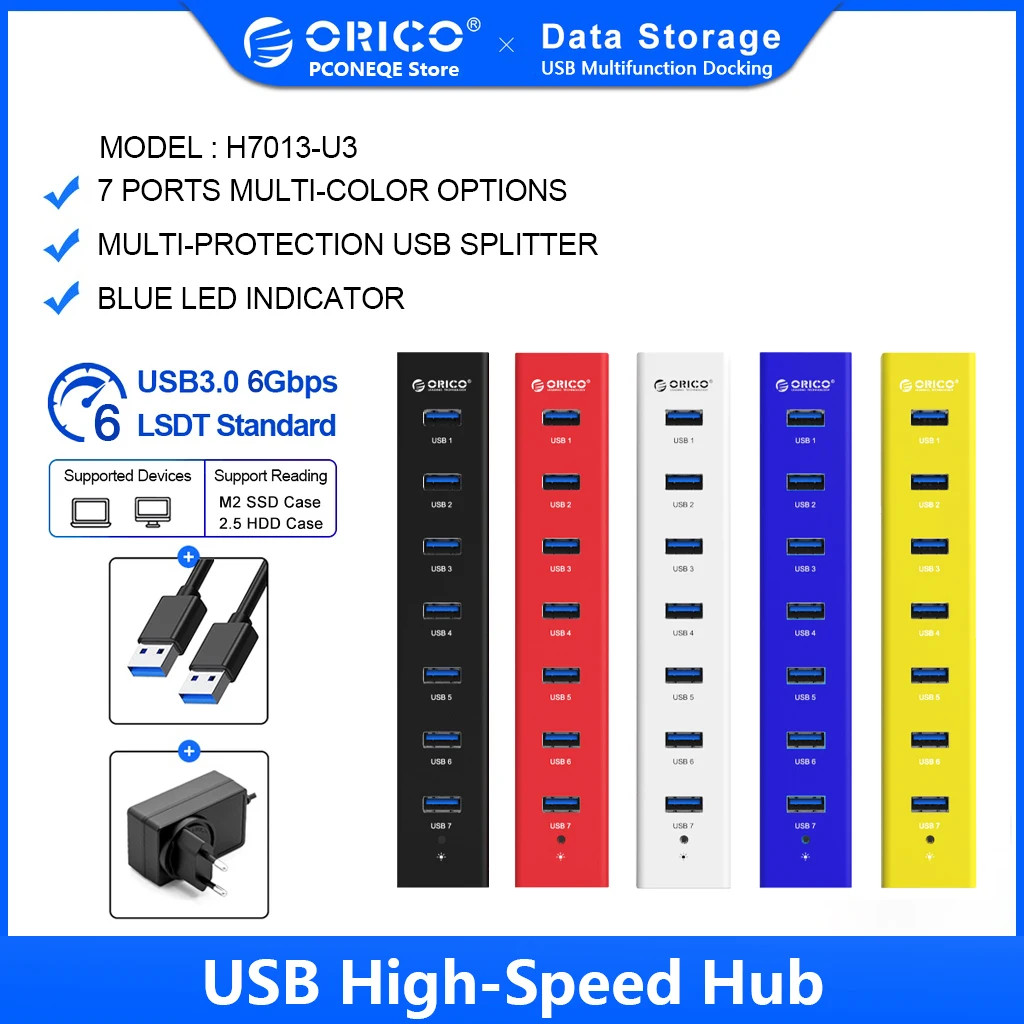 ORICO USB 3.0 Hub 7-port USB3.0 ความเร็วสูง HUB แบบพกพา USB พร้อมแหล่งจ่ายไฟเหมาะสําหรับแล็ปท็อป Mac