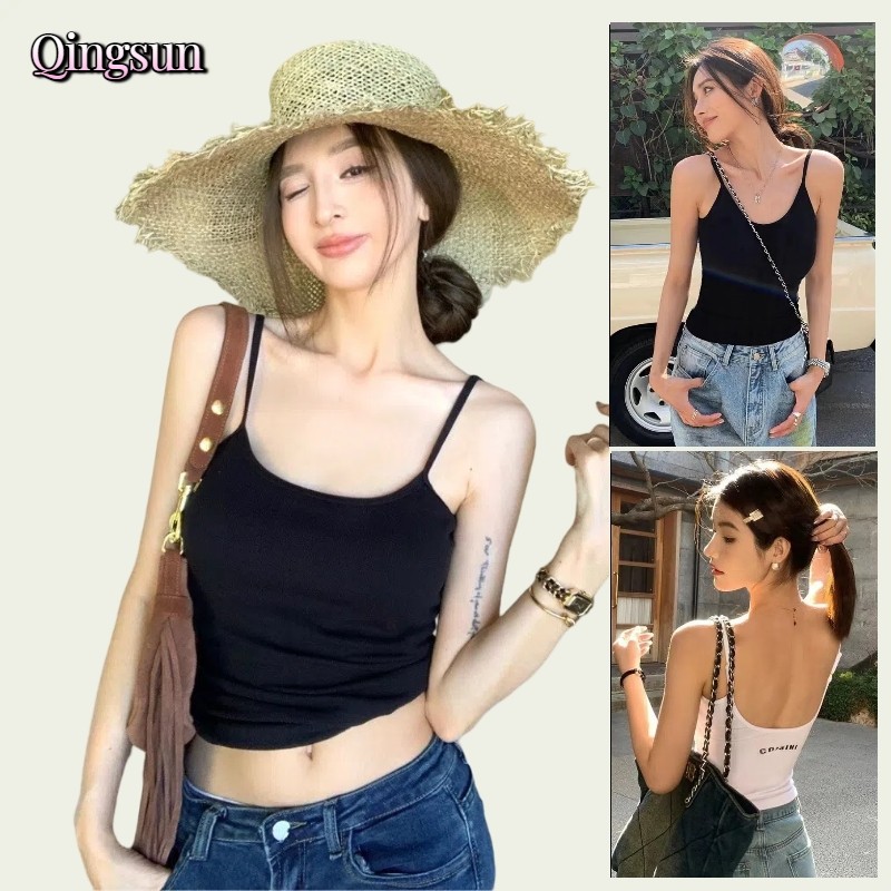 สไตล์ลำลอง ผ้าใส่สบาย เสื้อสายเดี่ยวเว้าหลังสกีนตัวอักษร ใส่สบายมาก มีฟองน้ำ หลากสี "FY2128#1"🌻Qingsun