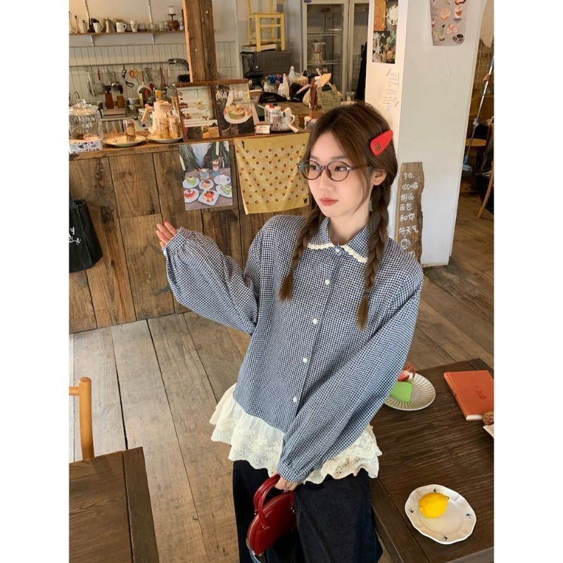 LINNA~Xเวอร์ชั่นเกาหลี ตาหมากรุก ขอบลูกไม้ แขนยาว เสื้อเชิ้ต สไตล์ใหม่ แฟชั่น สไตล์หวาน - รูปที่ 6