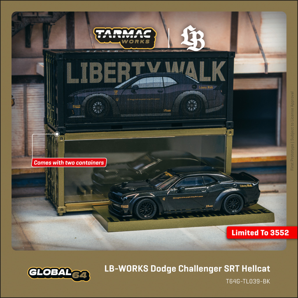 Tarmac Works 1:64 GLOBAL64 LB-WORKS Dodge Challenger SRT Hellcat Black Metallic with 2 containers T6