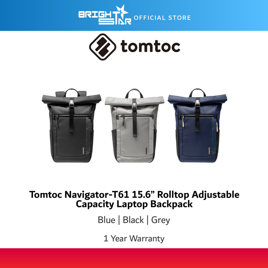 TOMTOC Navigator-T61 Rolltop Laptop Backpack - สีดํา/เทา/น้ําเงิน