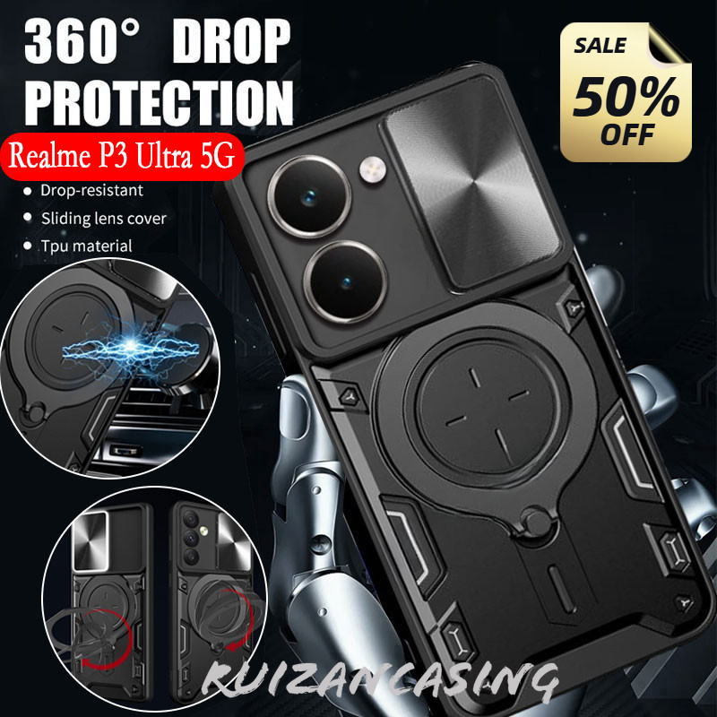 เคสโทรศัพท์สําหรับRealme P3 Ultra 5G P3Ultra P3 2025 ปลอกโลหะเกราะแหวนวงเล็บStent Pushกล้องป้องกันHardกลับกันกระแทก