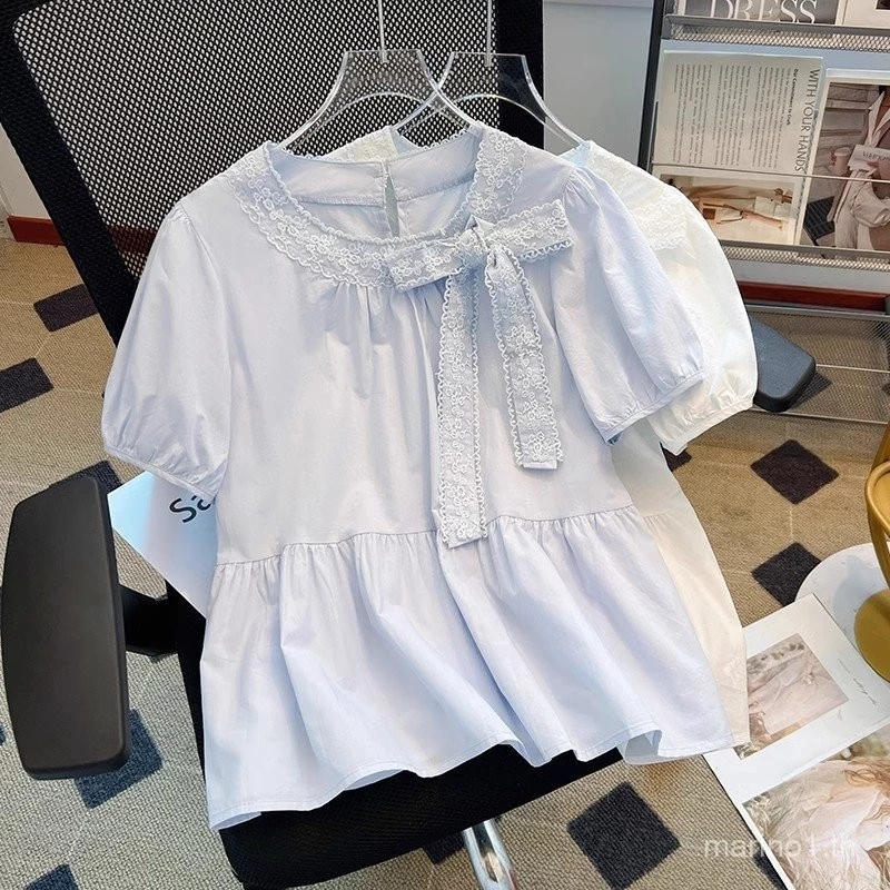 เสื้อแขนสั้นลายดอกไม้ผ้าลูกไม้ประดับโบว์ thumbnail 5