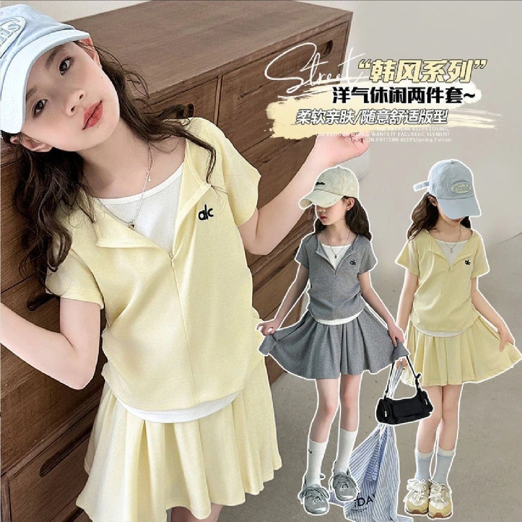 [RJ] ชุดฤดูร้อนสำหรับวัยรุ่น แบบใหม่ ขนาด 110-170 ซม. เสื้อและกระโปรงสั้น สไตล์แฟชันลำลอง