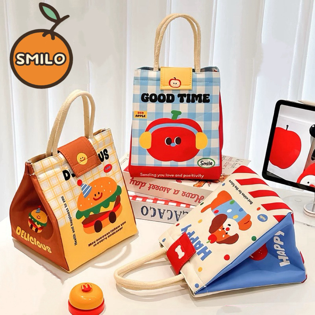 SMILO แบบพกพา ถุงใส่อาหาร น่ารัก กระเป๋าอเนกประสงค์เก็บความเย็น กระเป๋าใส่กล่องข้าว สำหรับตั้งแคมป์ ทำงาน