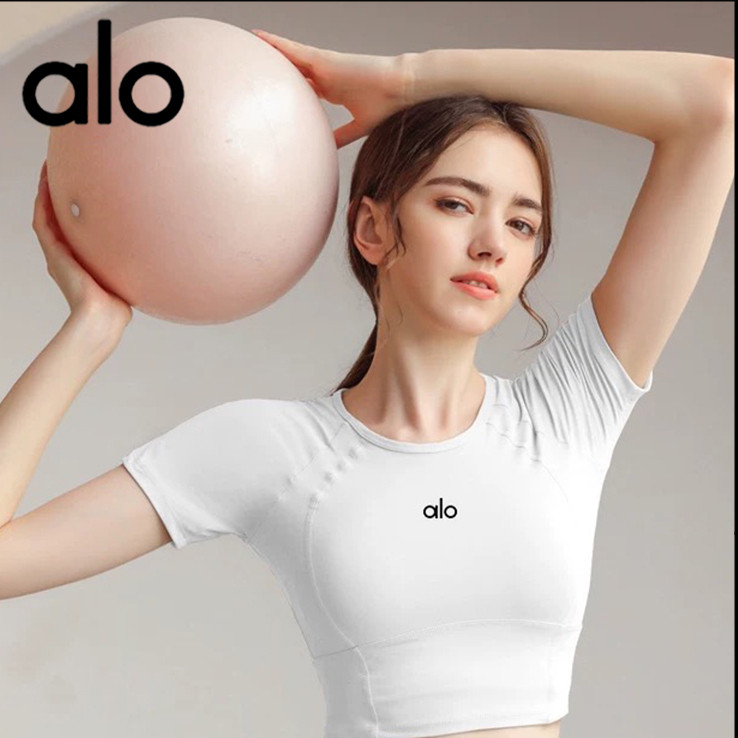 Alo กีฬาฟิตเนสวิ่งชุดโยคะแขนสั้นเสื้อยืด Slimmer ดู Skinny Top ผู้หญิง