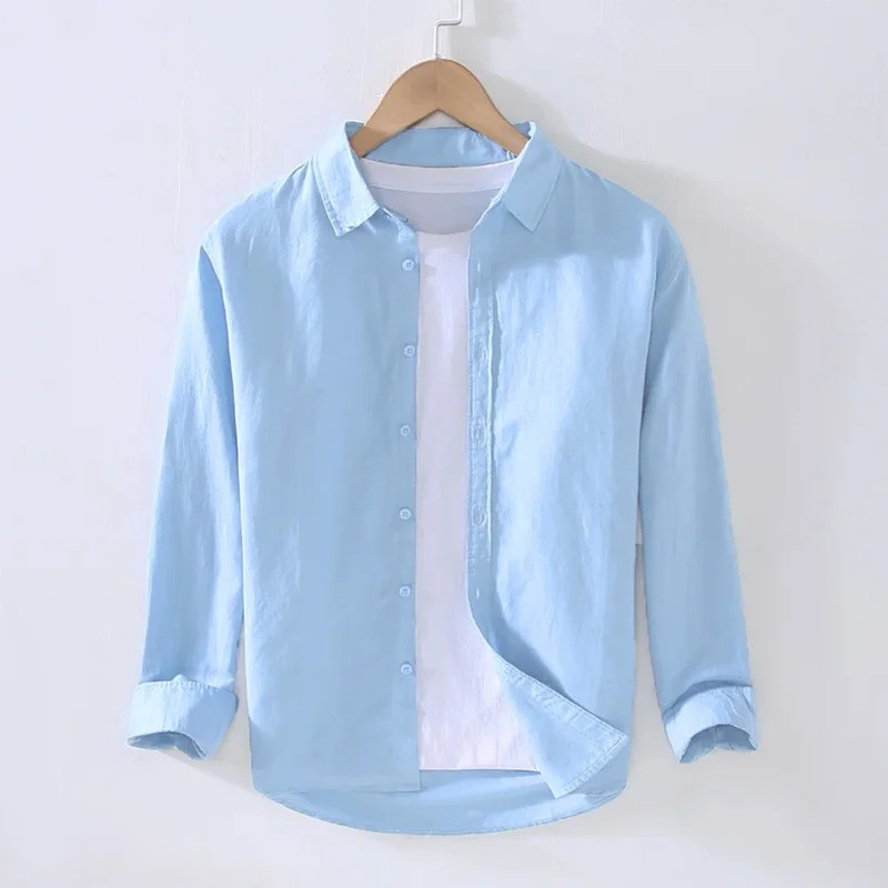 เสื้อลินินฤดูใบไม้ร่วงสำหรับผู้ชาย อบอุ่นและสวมใส่ง่าย เป็นท็อปส์แขนยาวเหมาะสำหรับชายหาบ