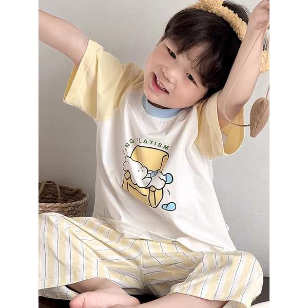 ชุดนอนแขนสั้น kiki baby shop ชุดนอนการ์ตูน ชุดใส่ในบ้านผ้าฝ้ายแท้สำหรับเด็กฤดูร้อนชุดนอนลายการ์ตูนสำ