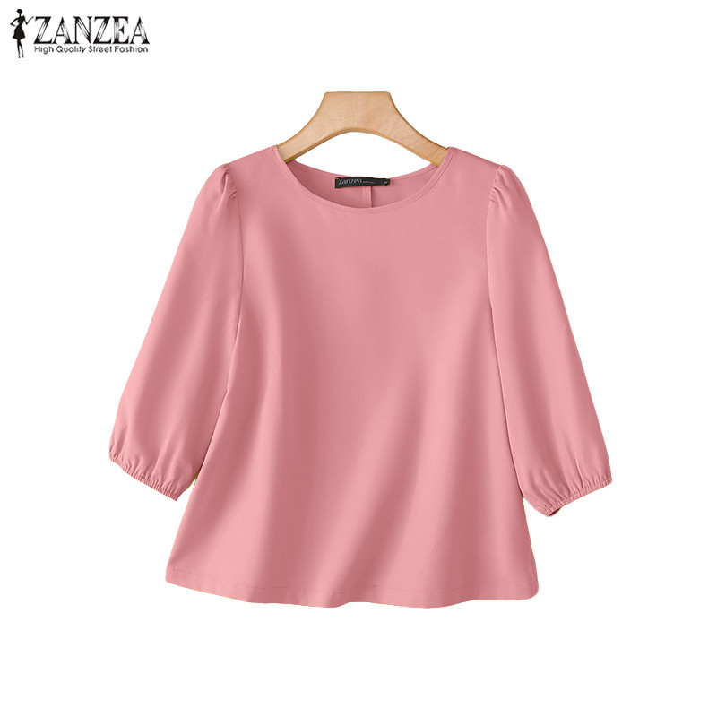 ZANZEA เสื้อแขนสั้นแบบพัฟสำหรับผู้หญิง สไตล์เกาหลี รอบคอดีไซน์เรียบง่าย
