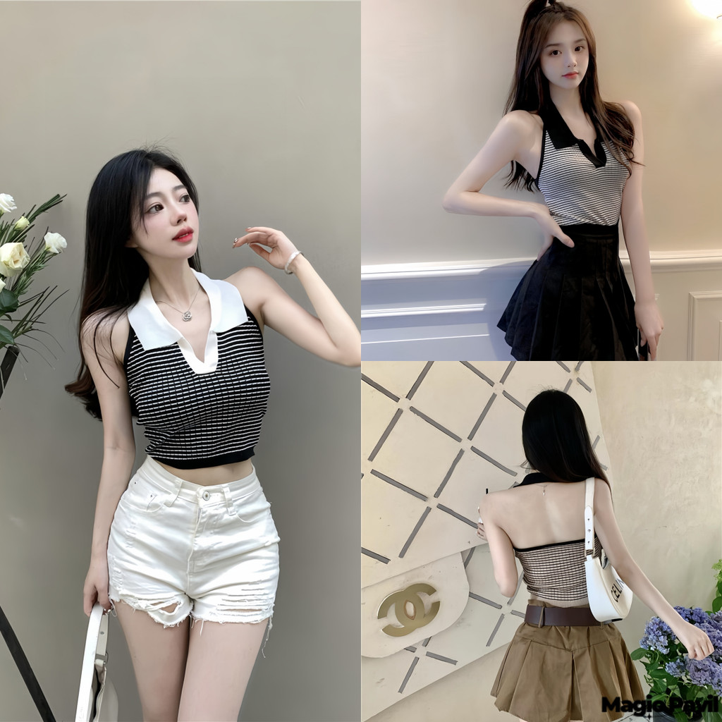 【Magic】พร้อมส่ง | เสื้อกล้ามลายทาง ลุคเซ็กซี่ เสื้อ เสื้อครอปคล้องคอไหมพรม คอปก  สีดำ 0236