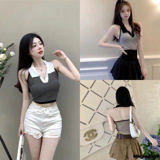 【Magic】พร้อมส่ง | เสื้อกล้ามลายทาง ลุคเซ็กซี่ เสื้อ เสื้อครอปคล้องคอไหมพรม คอปก สีดำ 0236