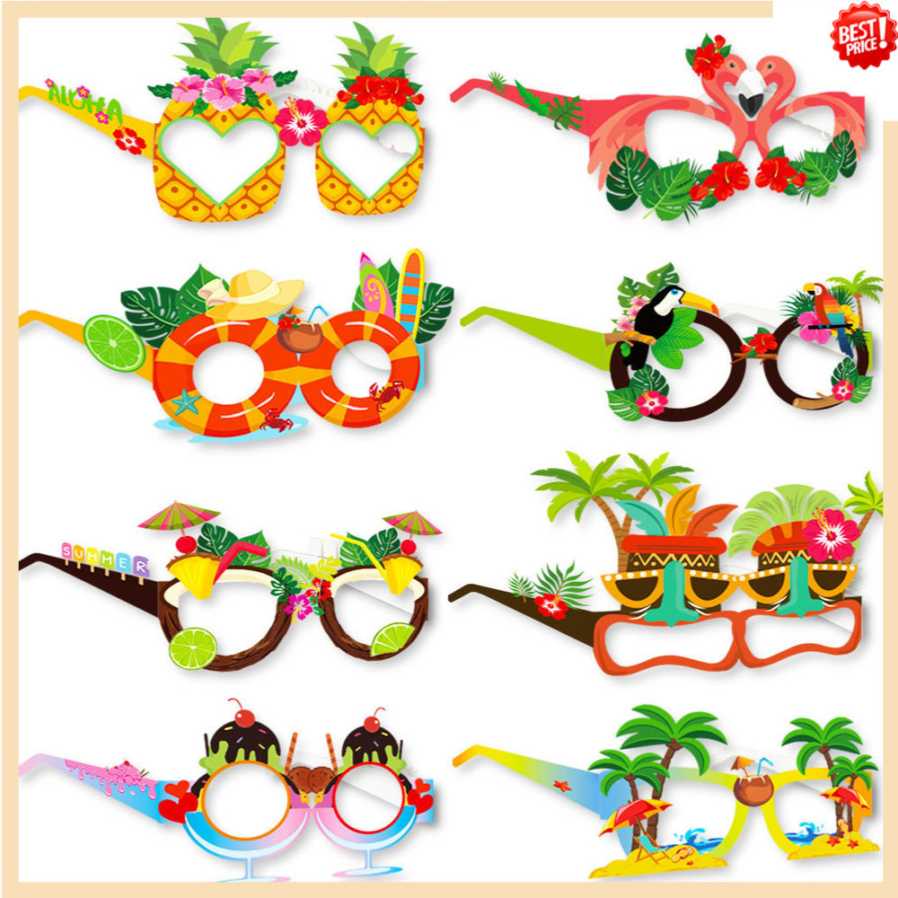 8 ชิ้น/16 ชิ้น Hawaiian Party กระดาษแว่นตา Photo Props Flamingo Aloha Tropical Party ตกแต่งฤดูร้อน Beach Pool Party สับปะรดแว่นตา