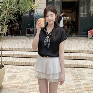 Dahong🧡 99159 เสื้อเชิ้ตผู้หญิงแขนสั้นไซส์ใหญ่ ผ้าซาตินเนียนนุ่ม แฟชั่น อินเทรนด์ เสื้อสตรีระดับไฮเอนด์ อเนกประสงค์