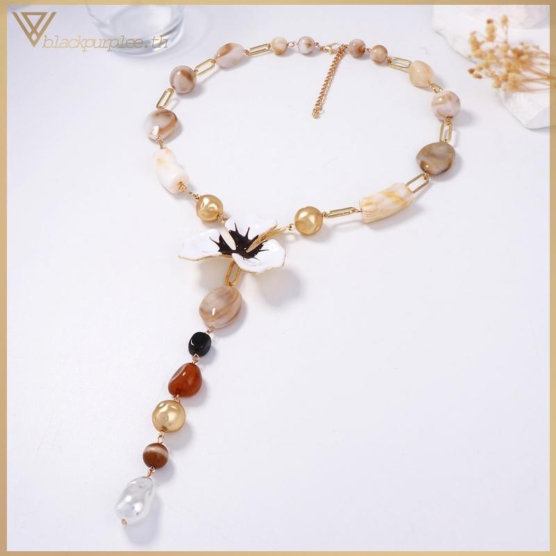 BPR สร้อยคอจี้รูปตัว Y ดีไซน์เฉพาะตัว ลูกปัดลายดอกไม้เรซิ่น โลหะผสมเคลือบสี สําหรับผู้หญิง เครื่องปร