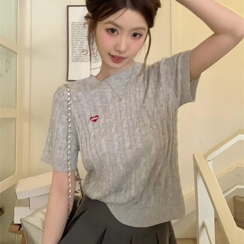 Red Berryเสื้อถักไหมพรมแขนสั้นทรงหลวมสไตล์เกาหลีสำหรับฤดูร้อนD628