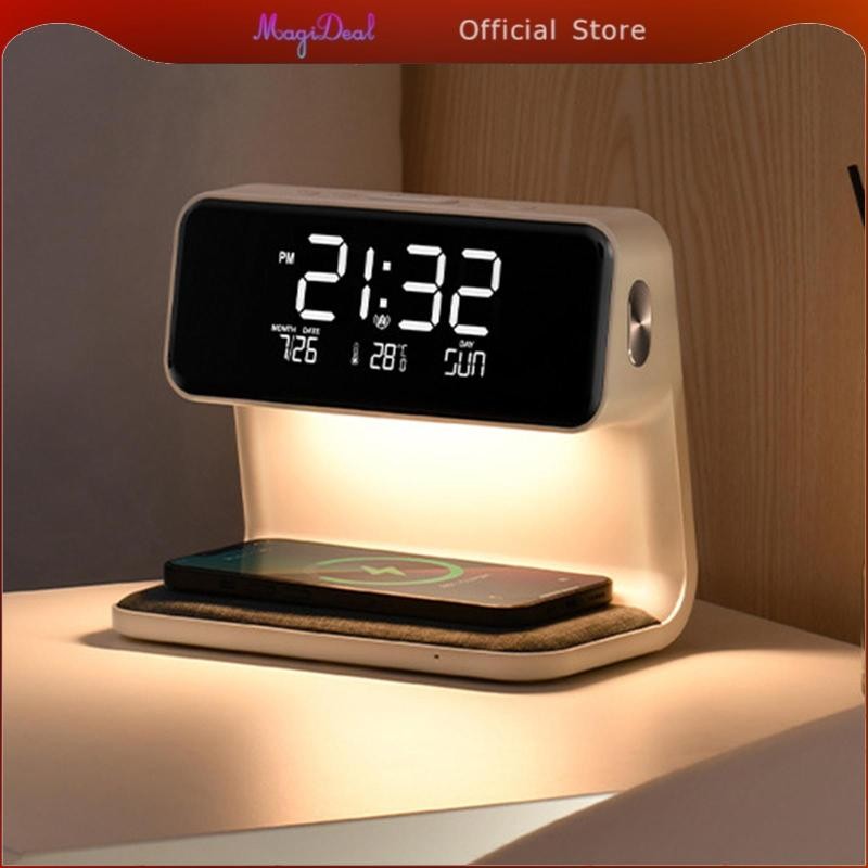 MagiDeal ไฟกลางคืนข้างเตียง 10W ไร้สายชาร์จ NightStand โคมไฟ 12/ Snooze อเนกประสงค์ปรับความสว่างสําหรับการใช้งานทุกวัน